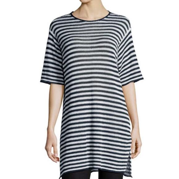 Eileen Fisher Organic Linen Striped Knit Tunic Sweater Women's Graphite/White - Picture 1 of 7
